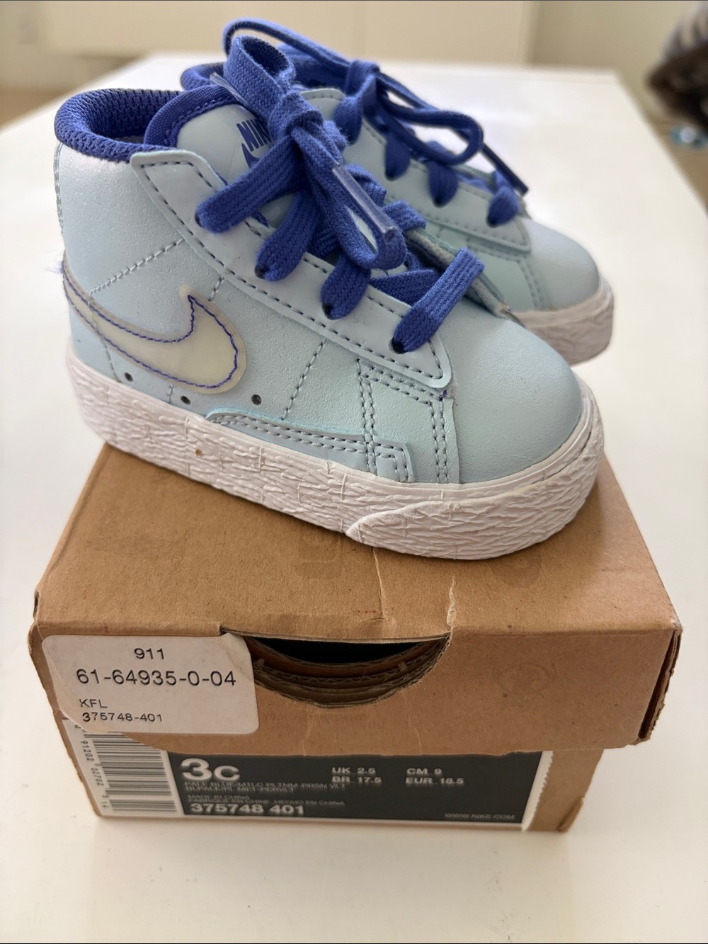 Nike Kids Light Blue Blazer Mid Sneakers with Purple Laces
